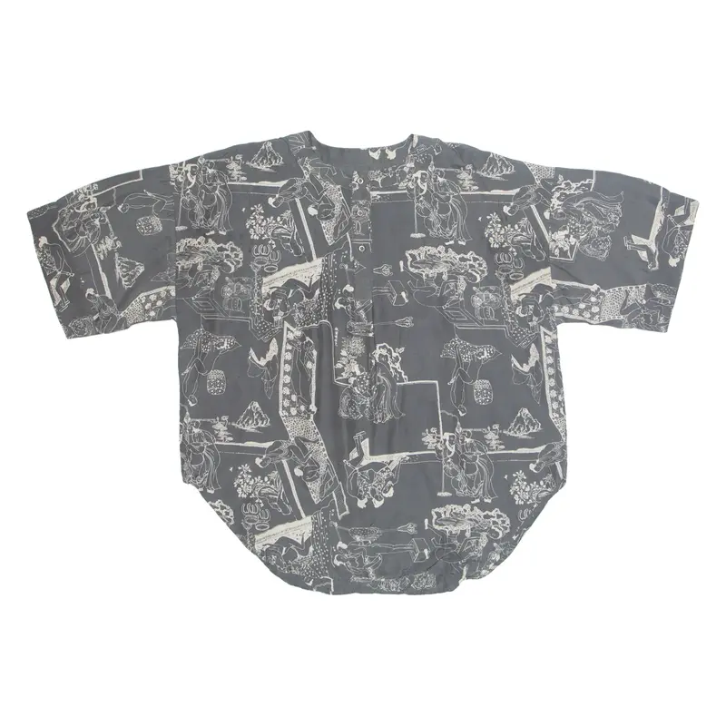 Womens Printed Blouse Grey Button Neck Silk Crazy Pattern M