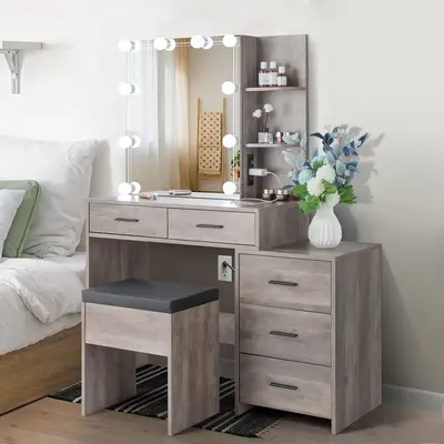 Lighted Vanity Desk with Sliding Mirror LED Vanity Table with Shelves and Drawers with Charging Station, 5 Drawers, Storage S...