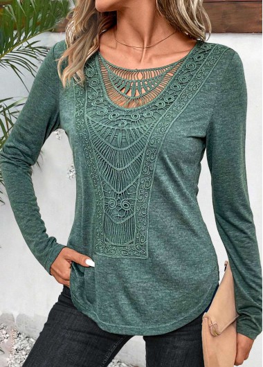 Modlily Sage Green Lace Long Sleeve Round Neck T Shirt - XXL