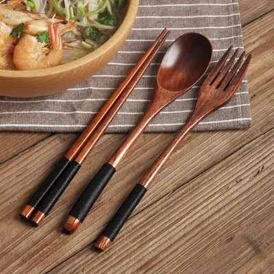 Wooden Cutlery Set (3 Counts), Including 1 Spoon & 1 Fork & 1 Chopsticks, Vintage Tableware Set for Home Kitchen Dining Room