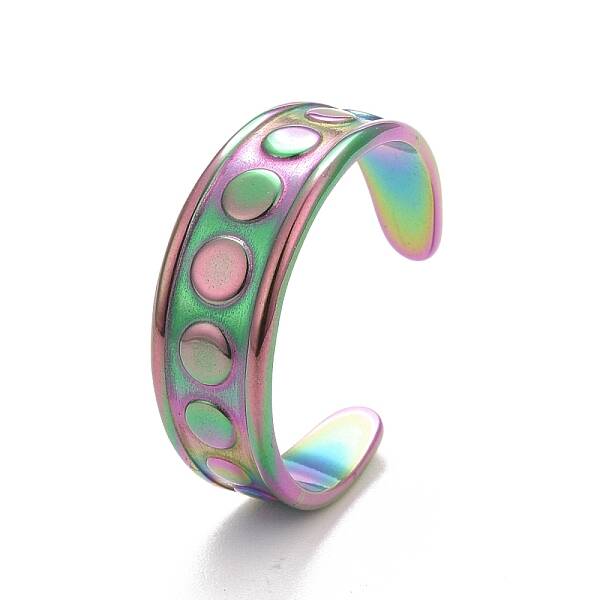 Ion Plating(IP) Rainbow Color 304 Stainless Steel Flat Round Pattern Open Cuff Ring for Women