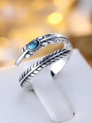 S925 Sterling Silver Boho Style Turquoise Decor Cuff Ring, Feather Design Adjustable Open Ring, Fashion Jewelry Accessories f...