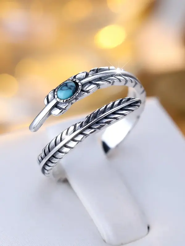 S925 Sterling Silver Boho Style Turquoise Decor Cuff Ring, Feather Design Adjustable Open Ring, Fashion Jewelry Accessories f...