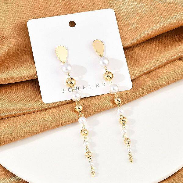 Brass ABS Plastic Pearl Tassel Stud Earrings