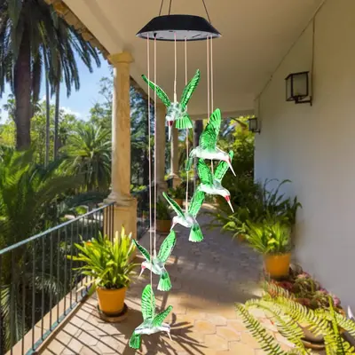 Solar Powered Hummingbird Design Wind Chime, Outdoor Hanging Decoration, Garden Decoration, Yard Decorations, Memorial Wind C...