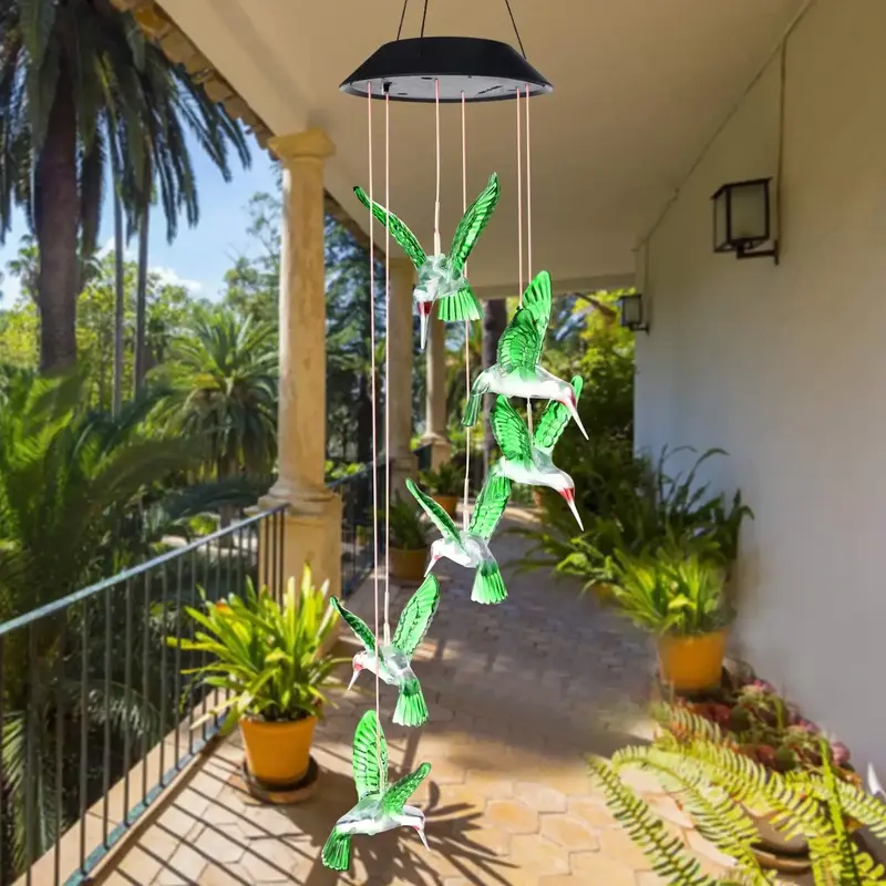 Solar Powered Hummingbird Design Wind Chime, Outdoor Hanging Decoration, Garden Decoration, Yard Decorations, Memorial Wind C...