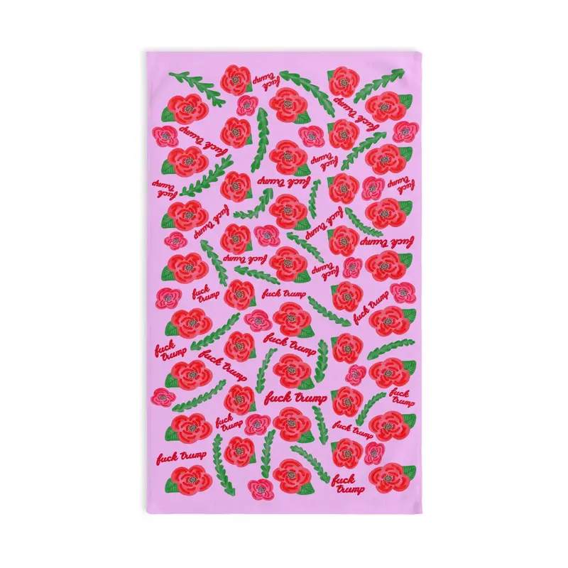 Subtle Red Poppies on Pink Hand Towel