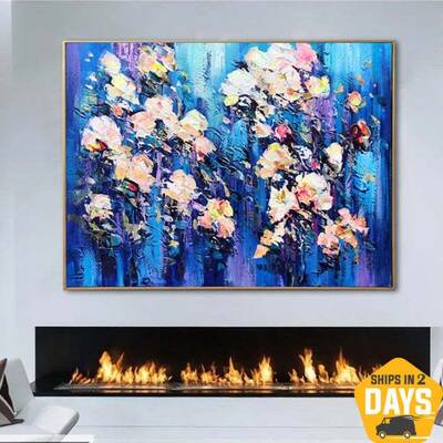 Original Flowers Paintings On Canvas Light Blue Painting Blue Modern Textured Painting Oil Painting Modern Artwork Wall Decor...