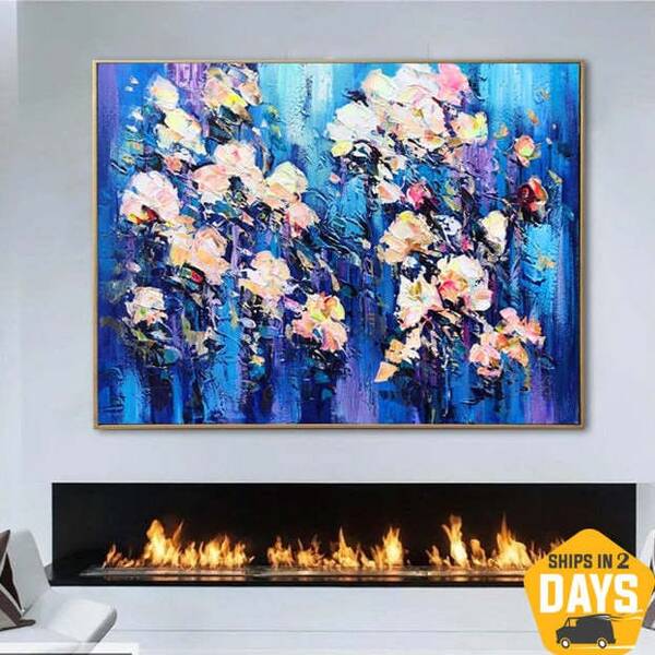 Original Flowers Paintings On Canvas Light Blue Painting Blue Modern Textured Painting Oil Painting Modern Artwork Wall Decor...