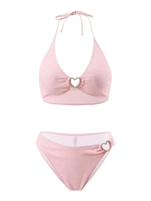 Women's Rhinestones Heart Decor Tie Back Bikini Set, Halter Wireless Swim Top & High Cut Swim Bottom, Ladies Summer Swimwear ...