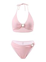 Women's Rhinestones Heart Decor Tie Back Bikini Set, Halter Wireless Swim Top & High Cut Swim Bottom, Ladies Summer Swimwear ...