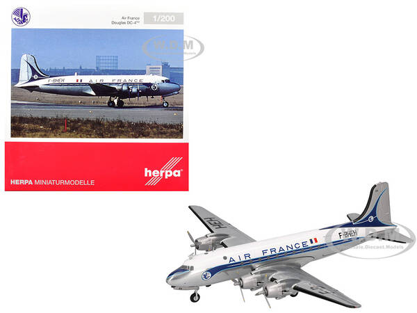 Douglas DC-4 Commercial Aircraft Air France (F-BHEH) White with Blue Stripes 1/200 Diecast Model Airplane by Herpa