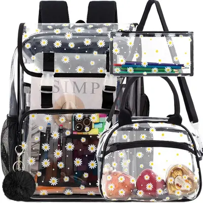 3PCS Clear Backpack for Girls Women, Heavy Duty See Through PVC School Bookbag with Lunch Box, Large Stadium Approved Transpa...