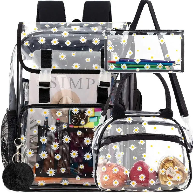3PCS Clear Backpack for Girls Women, Heavy Duty See Through PVC School Bookbag with Lunch Box, Large Stadium Approved Transpa...