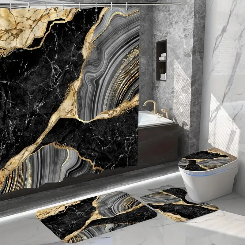 Marble Pattern Bathroom Room Decor Curtain & Floor Mats Set, 4 Counts Anti-slip & Waterproof Shower Curtain with Hooks, Exqui...