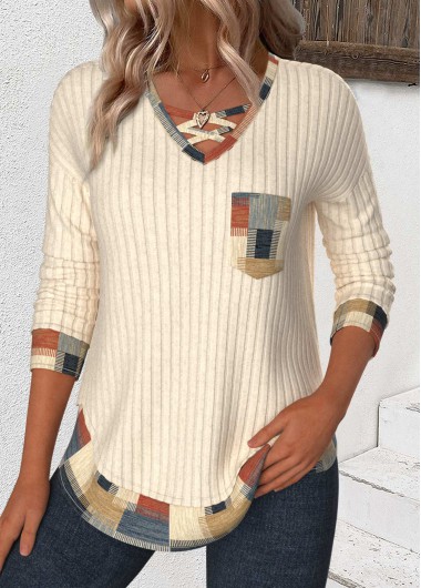 Modlily Beige Patchwork Geometric Print Long Sleeve T Shirt - L