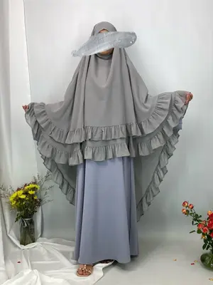 Women's Solid Color Ruffle Trim Chiffon Khimar, Modest Fashion Two Layer Design Long Hijab for Daily Wear, Women's Islamic Cl...