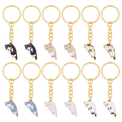 12Pcs 6 Colors Cute Cat Alloy Enamel Charm Keychains