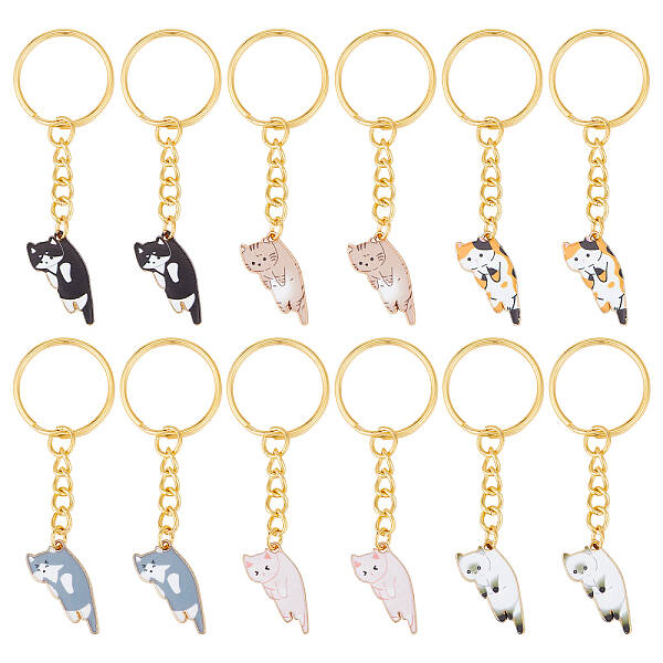 12Pcs 6 Colors Cute Cat Alloy Enamel Charm Keychains