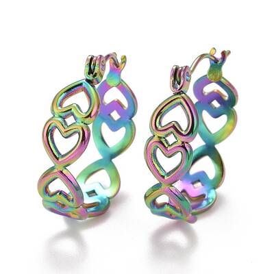 Ion Plating(IP) Rainbow Color Hollow Heart 304 Stainless Steel Hoop Earrings for Women