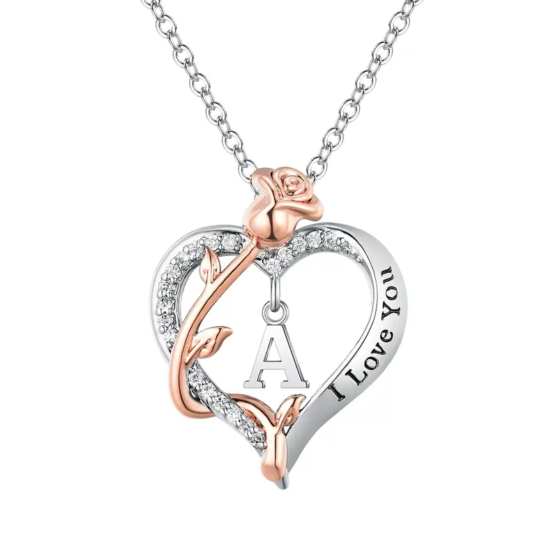 Rose Heart Necklace Gifts for Women Girls, I Love You CZ Heart Initial Letter Pendant Jewelry Mothers Day Valentines Birthday...