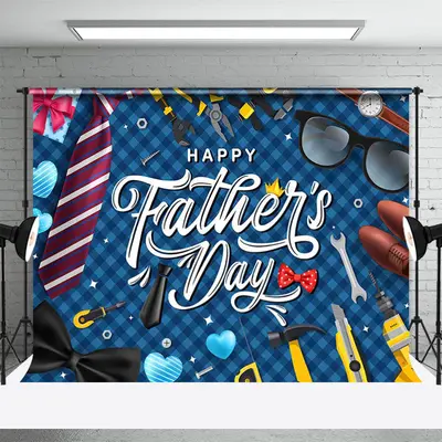 Dark Blue Plaid Tie Glass Heart Fathers Day Backdrop - Aperturee