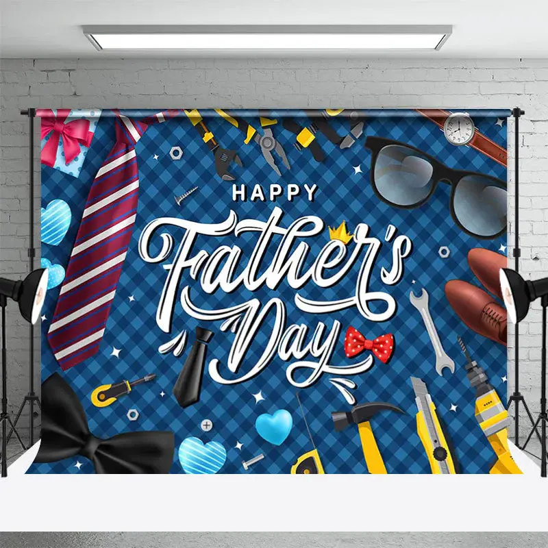 Dark Blue Plaid Tie Glass Heart Fathers Day Backdrop - Aperturee