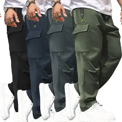 4-Pack Men's Casual Solid Color Sport Pants - Camouflage Casual Work Pants - Multiple Flap Pockets, Drawstring Waist, Polyest...