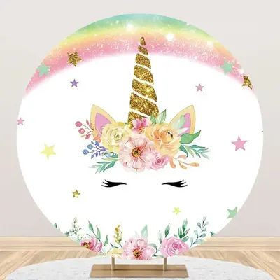 White Pink Unicorn Floral Round Birthday Backdrop - Aperturee