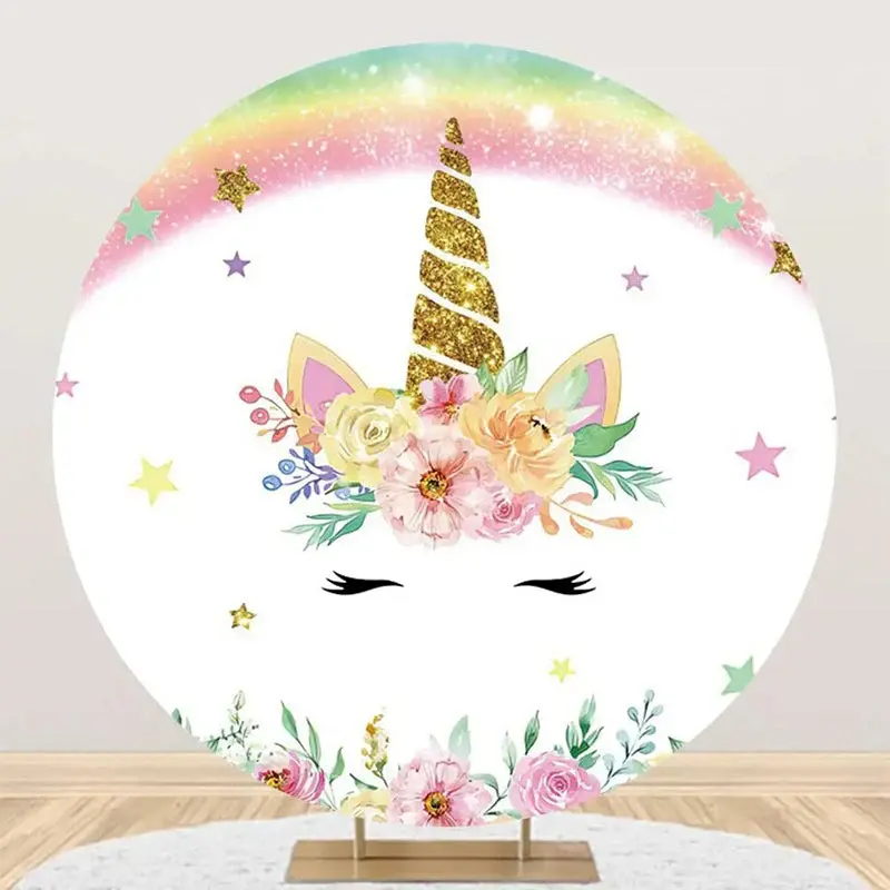 White Pink Unicorn Floral Round Birthday Backdrop - Aperturee