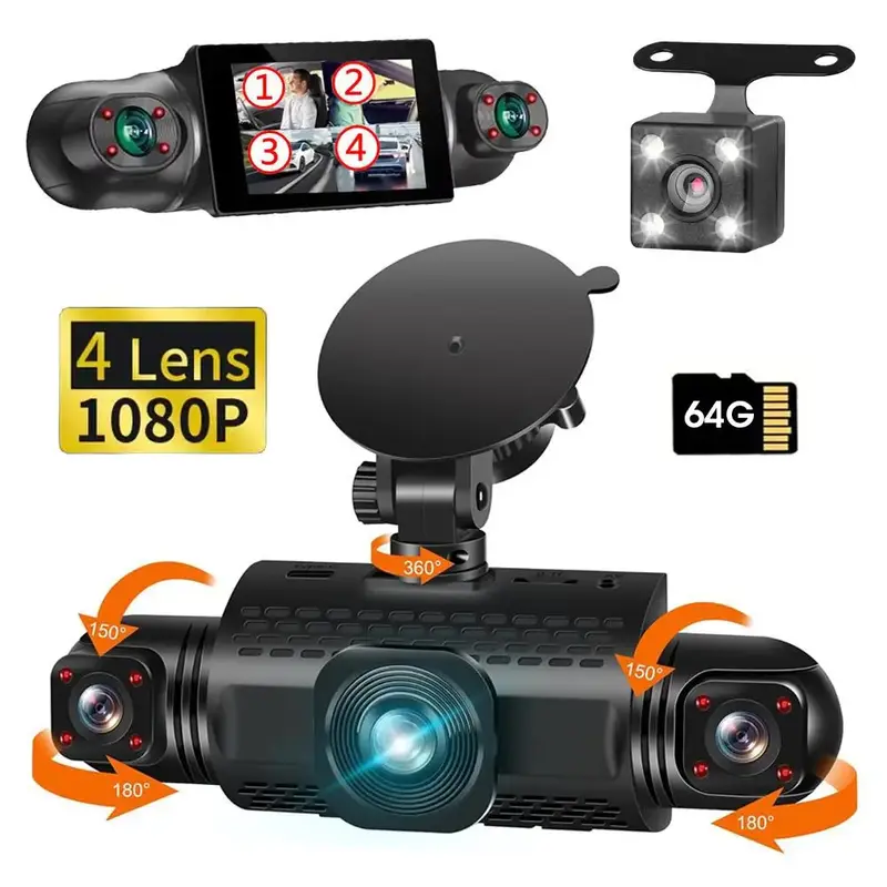 Srnubi 360° Car Front & Rear Dashcam, 4 Channel Camera FHD 1080P Car DVR with 64GB SD Card, Multi-channel Car Camera, Loop R...