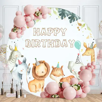 Aperturee Green Leaves And Animals Round Happy Birthday Backdrop