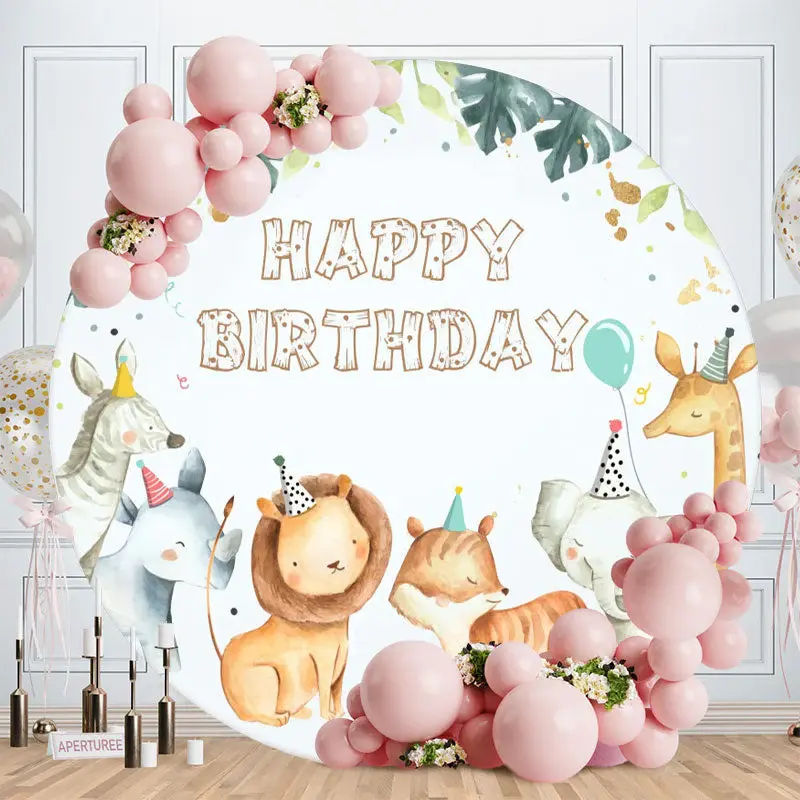 Aperturee Green Leaves And Animals Round Happy Birthday Backdrop