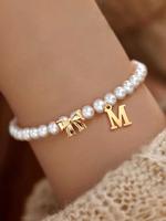 Faux Pearl Decorated Letter & Bowknot Design Beaded Bracelet, Mother's Day Gift, Fashion Jewelry for Party, Daily Clothing D...