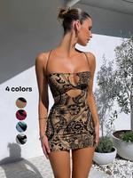 Women's Paisley Print Criss Cross Cut Out Backless Bodycon Cami Dress, Fall Outfits, Boho Sleeveless Spaghetti Strap Mini Dre...