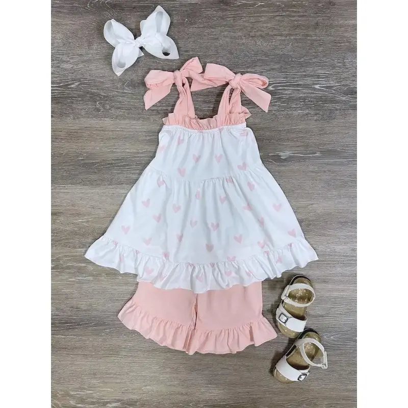 Petite Peachy Pink Heart Girls or Toddler Tunic Valentine's Day or Spring and Summer Shorts Outfit