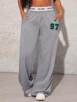 Women's Letter Print High Waist Sweatpants, Casual Y2K Pocket Wide Leg Tape Waist Trousers for Daily Wear, Ladies Bottoms for...