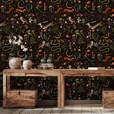 Dark Forest Plant & Animal & Flower Pattern Wallpaper, 1 Count Decorative Peel & Stick Waterproof Wallpaper, Living Room Inte...