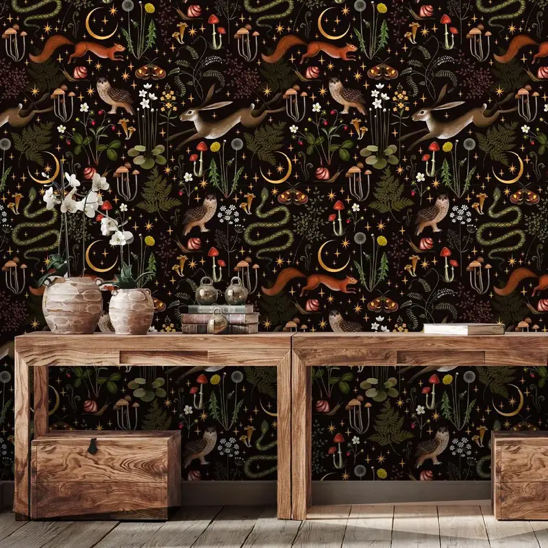 Dark Forest Plant & Animal & Flower Pattern Wallpaper, 1 Count Decorative Peel & Stick Waterproof Wallpaper, Living Room Inte...