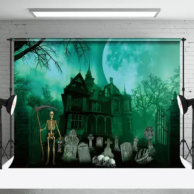 Aperturee Haunted Mansion Graveyard Skeleton Halloween Backdrop - Aperturee