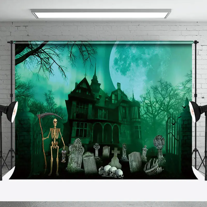 Aperturee Haunted Mansion Graveyard Skeleton Halloween Backdrop - Aperturee