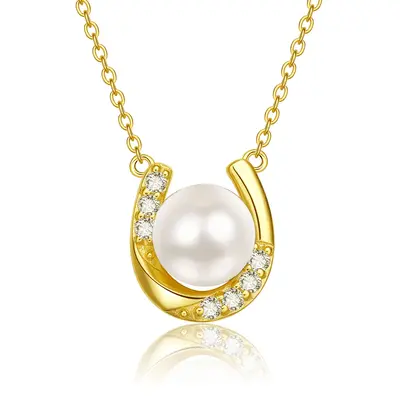 10K Gold Pearl With Cubic Zirconia Horseshoe Pendant Necklace For Women