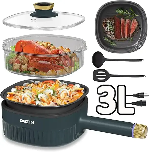DEZIN Hot Pot Electric 3L, Nonstick Electric Pot with 1 Grill Pan & 1 Steamer, 3-in-1 Electric Cooker with Dual Power Level f...