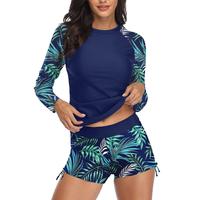 Aqua Eve Women Two Piece Rash Guard Long Sleeve Swimsuit Swim Shirt with Shorts Modest Bathing Suit UPF 50+