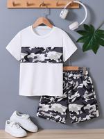 Two-Piece Set Boy's Camo Print Short Sleeve Tee & Camo Print Shorts Set, Casual Round Neck T-shirt & Elastic Waist Shorts, Su...