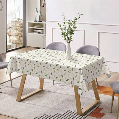 White Floral Green Leaf Repeat Rectangle Tablecloth - Aperturee