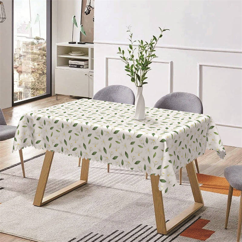 White Floral Green Leaf Repeat Rectangle Tablecloth - Aperturee
