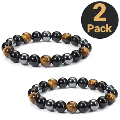 2 Pack Tiger Eye Natural Stone Bracelet | Couple & Friendship Gift | Energy & Good Luck Beads | Adjustable Stretch | 8mm Bead...