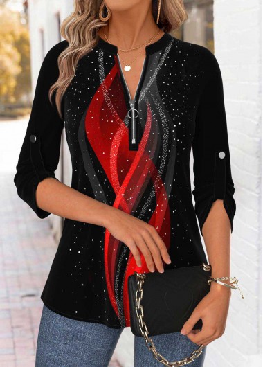 Modlily Black Tummy Coverage Ombre 3/4 Sleeve Split Neck Blouse - XL