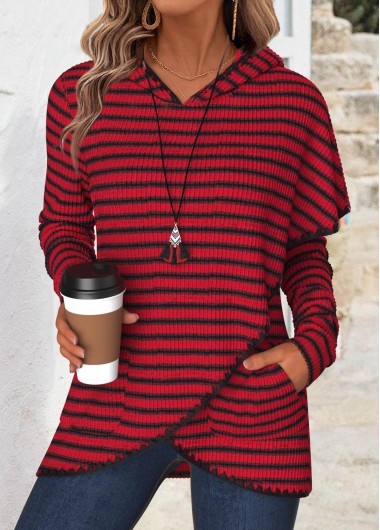 Modlily Wine Red Tummy Coverage Striped Long Sleeve Hoodie - XXL